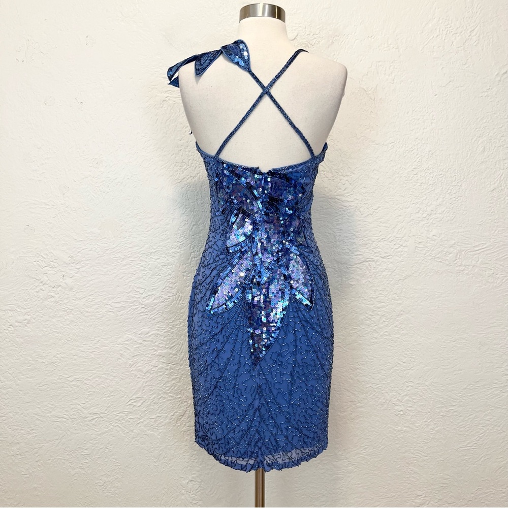 Vintage NiteLine Dress Blue Silk Chiffon Beaded Sequins 70s 80s Party XS S - Picture 7 of 11